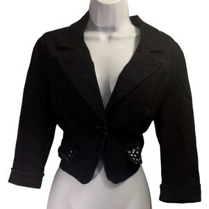 Te Amo Dark Denim Blazer with studded flap pockets. Size: XL. Jean Jacket.